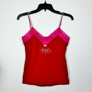 PINK Victoria's Secret Red Cami with Hot Pink Lace Trim